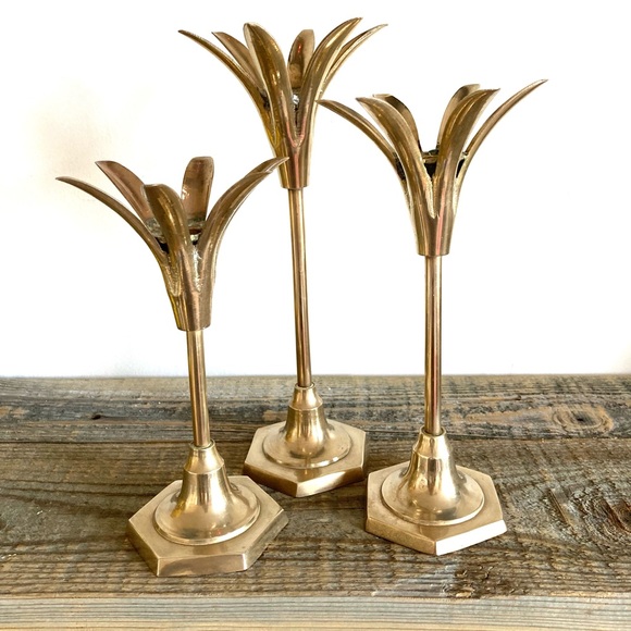 MCM brass candlestick set of 3 - Picture 3 of 4